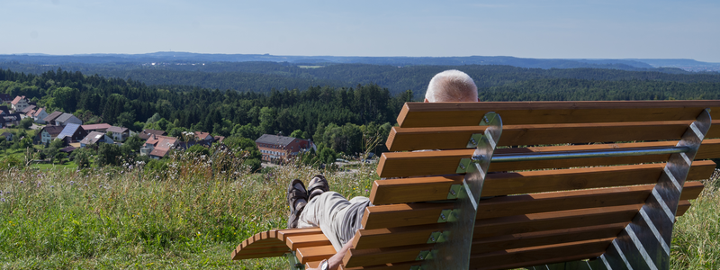 Eine Person liegt entspannt auf einer Bank auf einer Wiese mit Blick auf eine malerische Landschaft mit Wald und einem Dorf im Hintergrund.