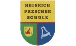 Das Bild zeigt ein farbiges Schulwappen mit dem Text "HEINRICH PRESCHER SCHULE" und grafischen Symbolen eines Feuerschildes und eines Zirkels.